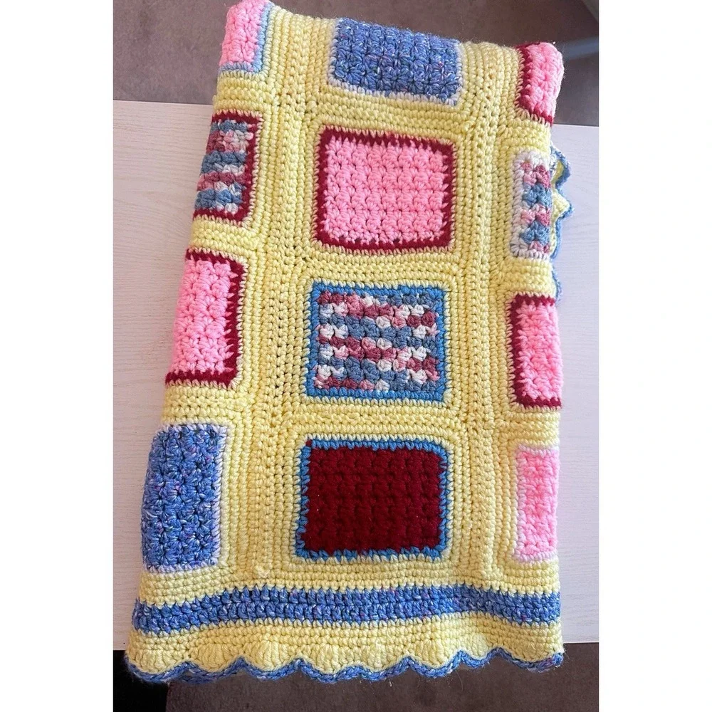 Crochet Afghan Yellow With Colored Squares 46